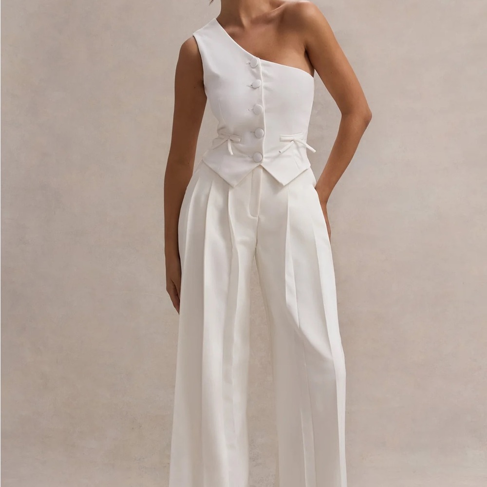 Club L London White One Shoulder Top & Wide-leg Trousers
